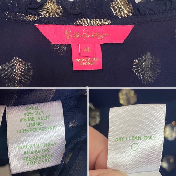 Lilly Pulitzer Giana Silk Blouse High Tide Gold Metallic Clip Navy Blue Size XL - Picture 11 of 11